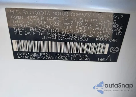 2017 Lexus Is 300 z USA, uszkodzony, nr VIN JTHCM1D27H5021508